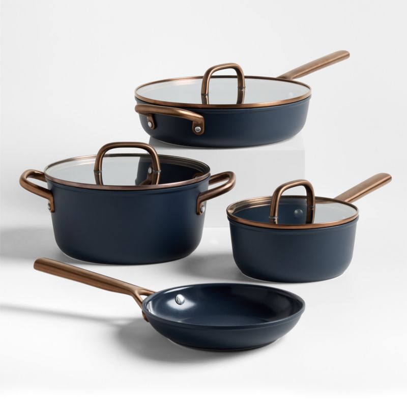 The navy blue and brass Zwilling Milano ceramic cookware set