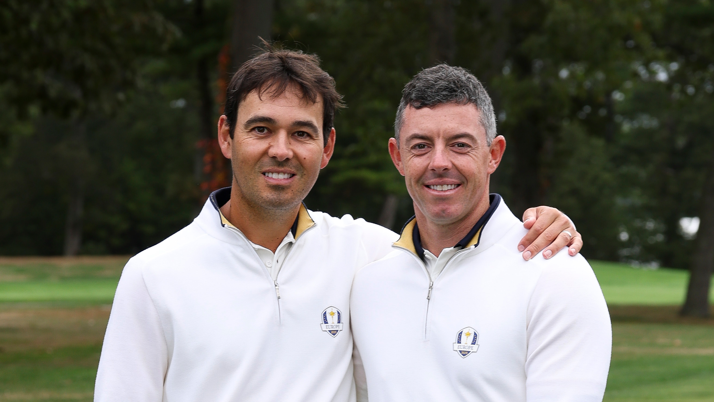 Harry Diamond (left) and Rory McIlroy smile at the camera ahead of the 2025 Ryder Cup