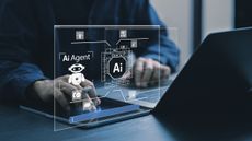 A digital rendering of a person using an AI agent on a laptop.