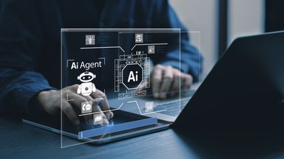 A digital rendering of a person using an AI agent on a laptop.