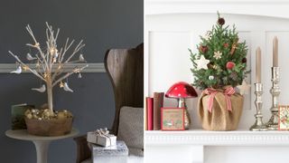 Small twig tree in a grey living room next to a small potted fir tree on a mantelpiece in a white living room to show alternative Christmas decorating ideas