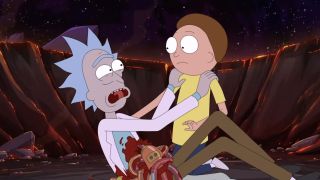 Morty holding injured Rick in Rick and Morty