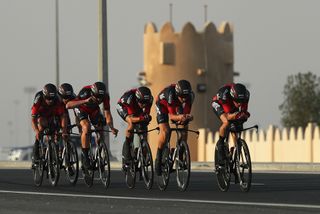 BMC racing en route to second place in the 2016 UCI Road Worlds team time trial