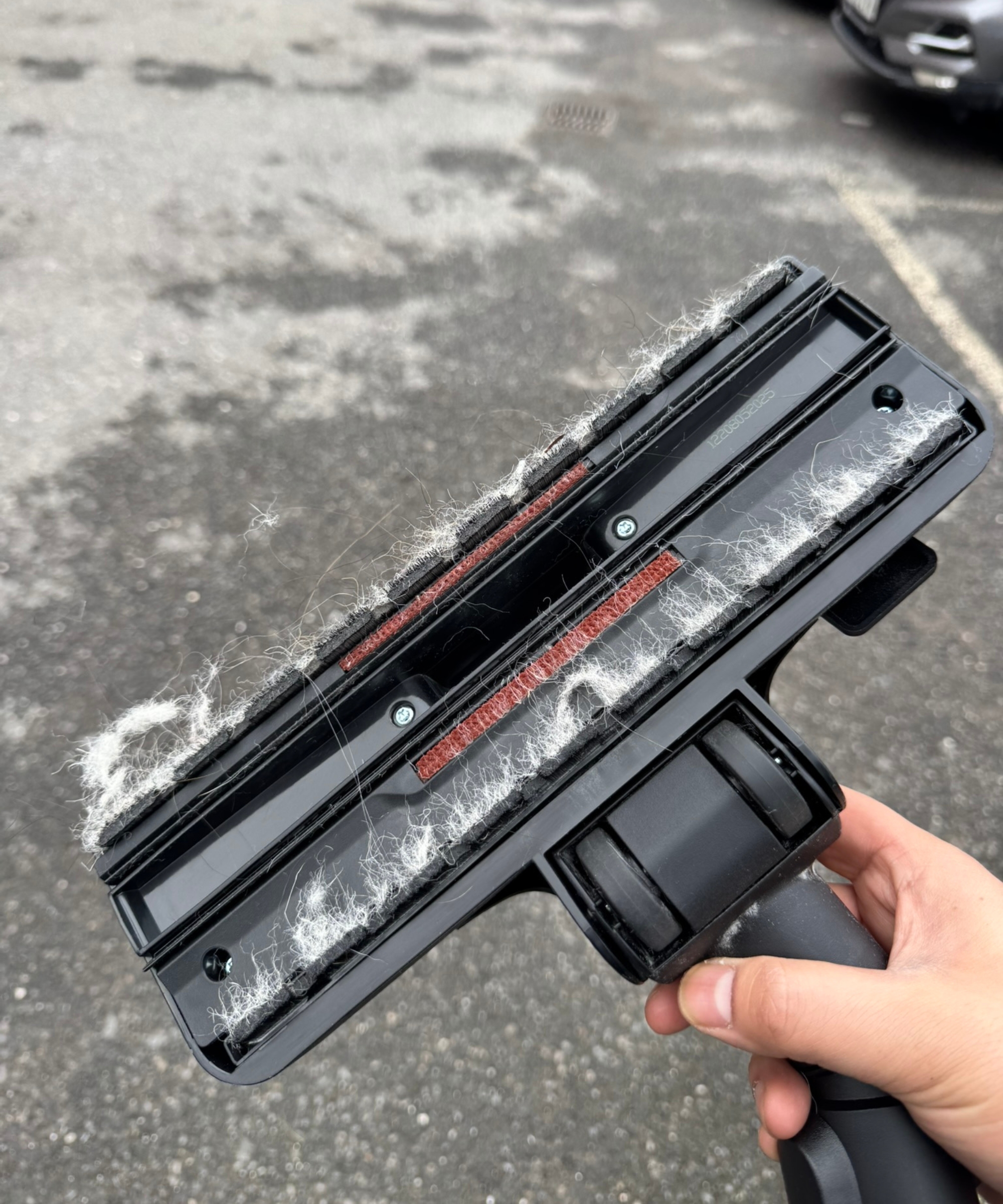 Hand holding the Miele Guard M1 Parquet XL Brilliant floorhead with white fur sticking out of pads, outside in front of damp concrete.