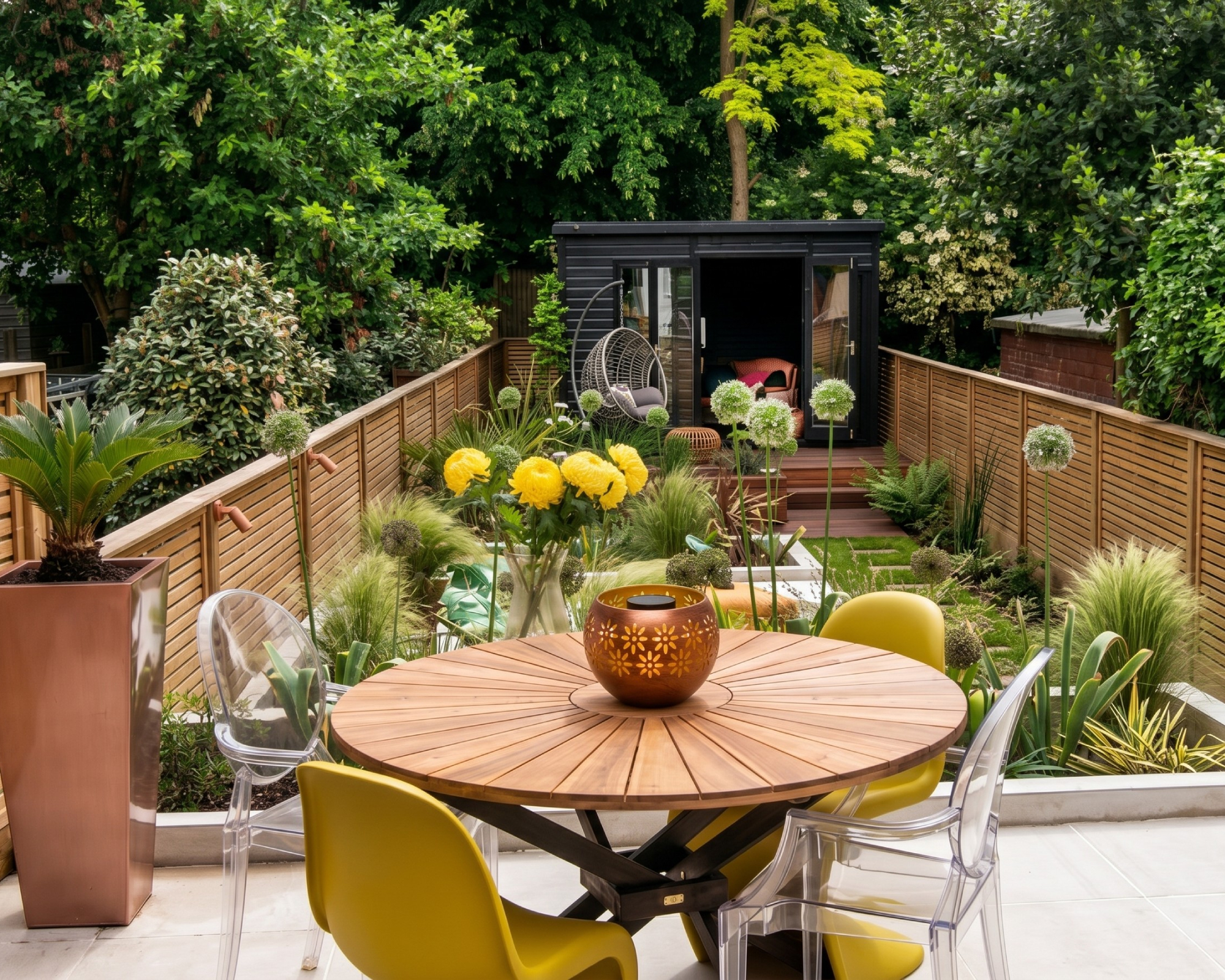 ALDI Belavi solar light fire bowl on a patio table in a small urban garden
