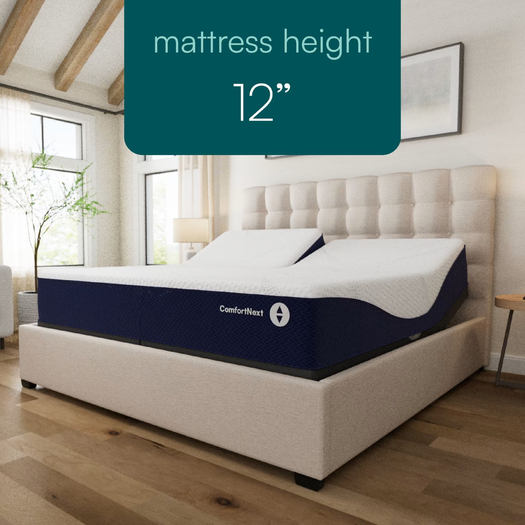 Sleep Number ComfortNext mattress on a cream bed in a white bedroom with wooden flooring.