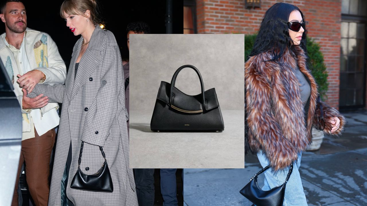 a collage of two celebrities wearing an Aupen bag plus a anew aupen silhouette