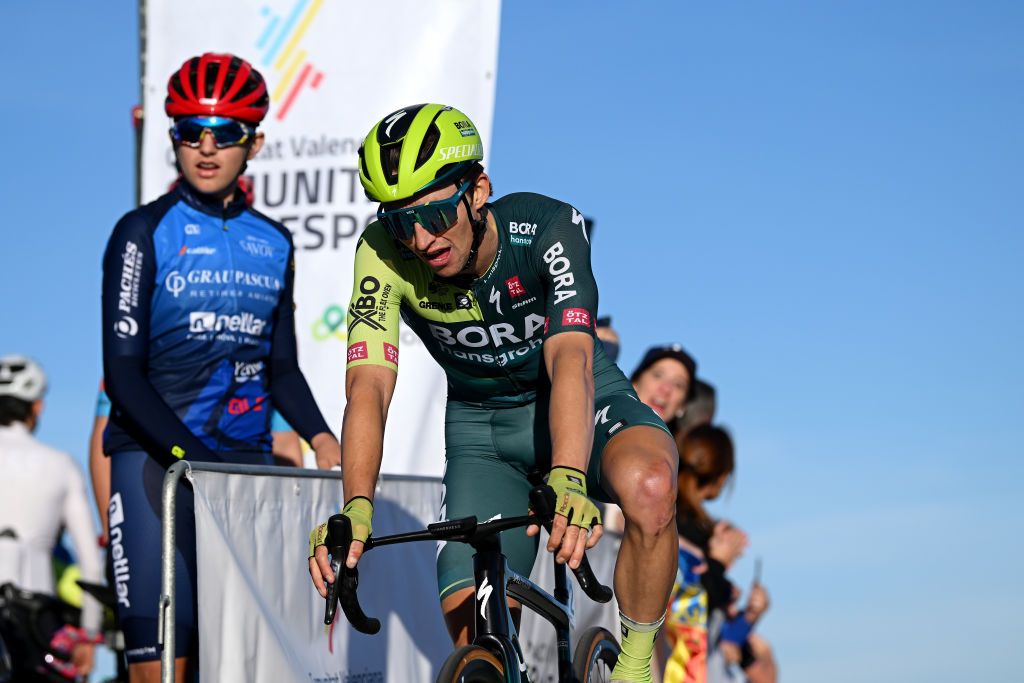 VALL DEBO SPAIN FEBRUARY 03 Aleksandr Vlasov of Rusia and Team BORA Hansgrohe crosses the finish line during the 75th Volta a la Comunitat Valenciana 2024 Stage 4 a 1752km stage from Teulada Moraira to Vall dEbo 527m Stage shortened by the organization to 160km on February 03 2024 in Vall dEbo Spain Photo by Dario BelingheriGetty Images