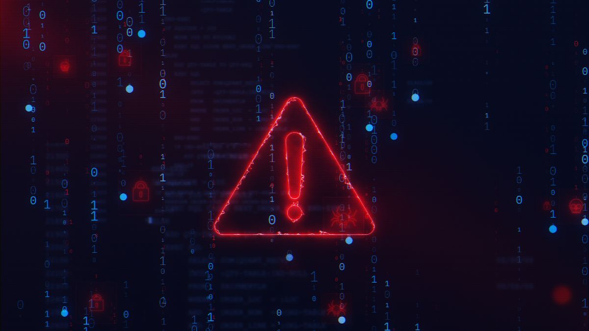 A glowing warning sign displayed on a background of blue binary code