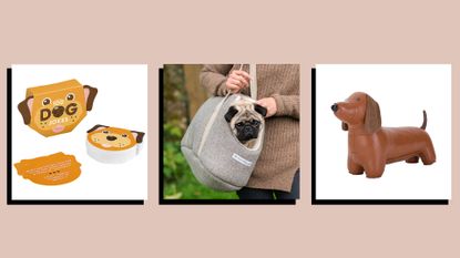 three of w&h's picks for Christmas gifts for dog lovers—dog jokes cards, a dog carrier with a pug in it and a daschund doorstop—on a beige background