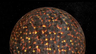 A rendering of a sphere covered in molten lava-like rock