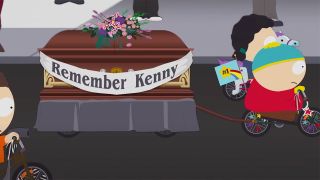 Cartman towing around Kenny's casket on South Park.