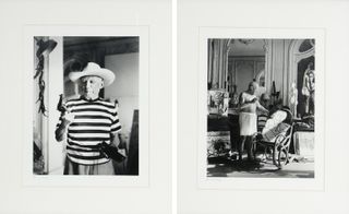 Left: a man in a striped t-shirt and a hat, holding a gun. Right: a man wearing a towel around his waist, standing beside a rocking chair