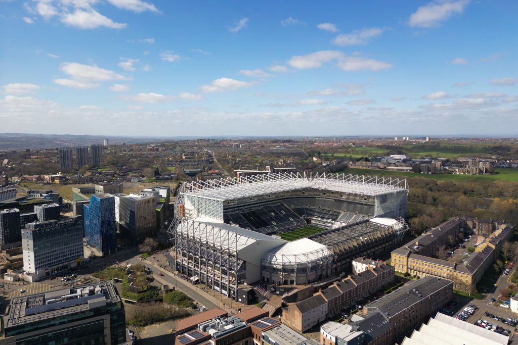 Newcastle United: Aerial view of St. James Park is seen prior to the Premier League match between Newcastle United and Manchester United on April 02, 2023 in Newcastle upon Tyne, England.