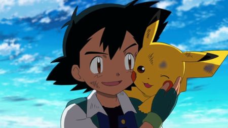 Ash cuddling Pikachu after a battle with them both smiling during a scene in Pokemon the Movie: I Choose You!
