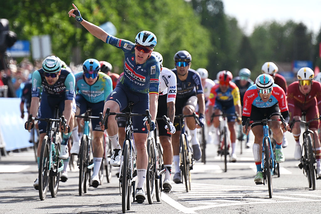 BEKESCSABA, HUNGARY - MAY 13: Tim Merlier of Belgium and Team Soudal Quick-Step celebrates at finish line as stage winner during the 47th Tour of Hungary 2026. Stage 1 a 143.1km stage from Gyula to Bekescsaba on May 13, 2026 in Bekescsaba, Hungary. (Photo by Luc Claessen/Getty Images)