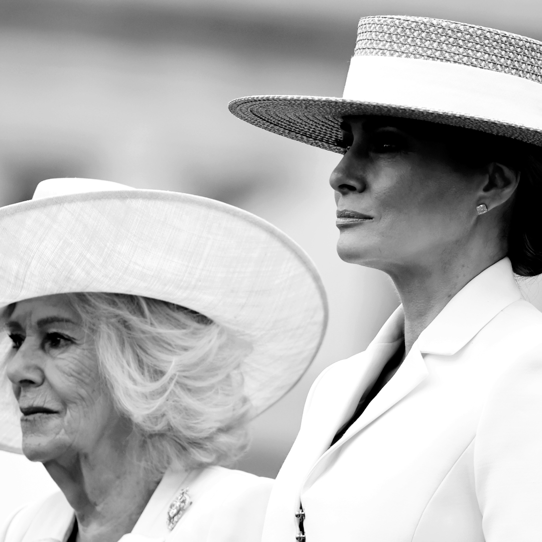 Queen Camilla and Melania Trump wearing hats and white coats