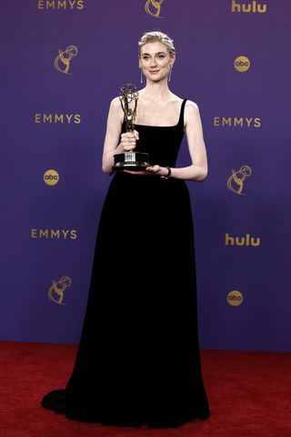 LOS ANGELES, CALIFORNIA - SEPTEMBER 15: Elizabeth Debicki, winner of the Outstanding Supporting Actress in a Drama Series for “The Crown”, poses in the press room during the 76th Primetime Emmy Awards at Peacock Theater on September 15, 2024 in Los Angeles, California. (Photo by Frazer Harrison/Getty Images)