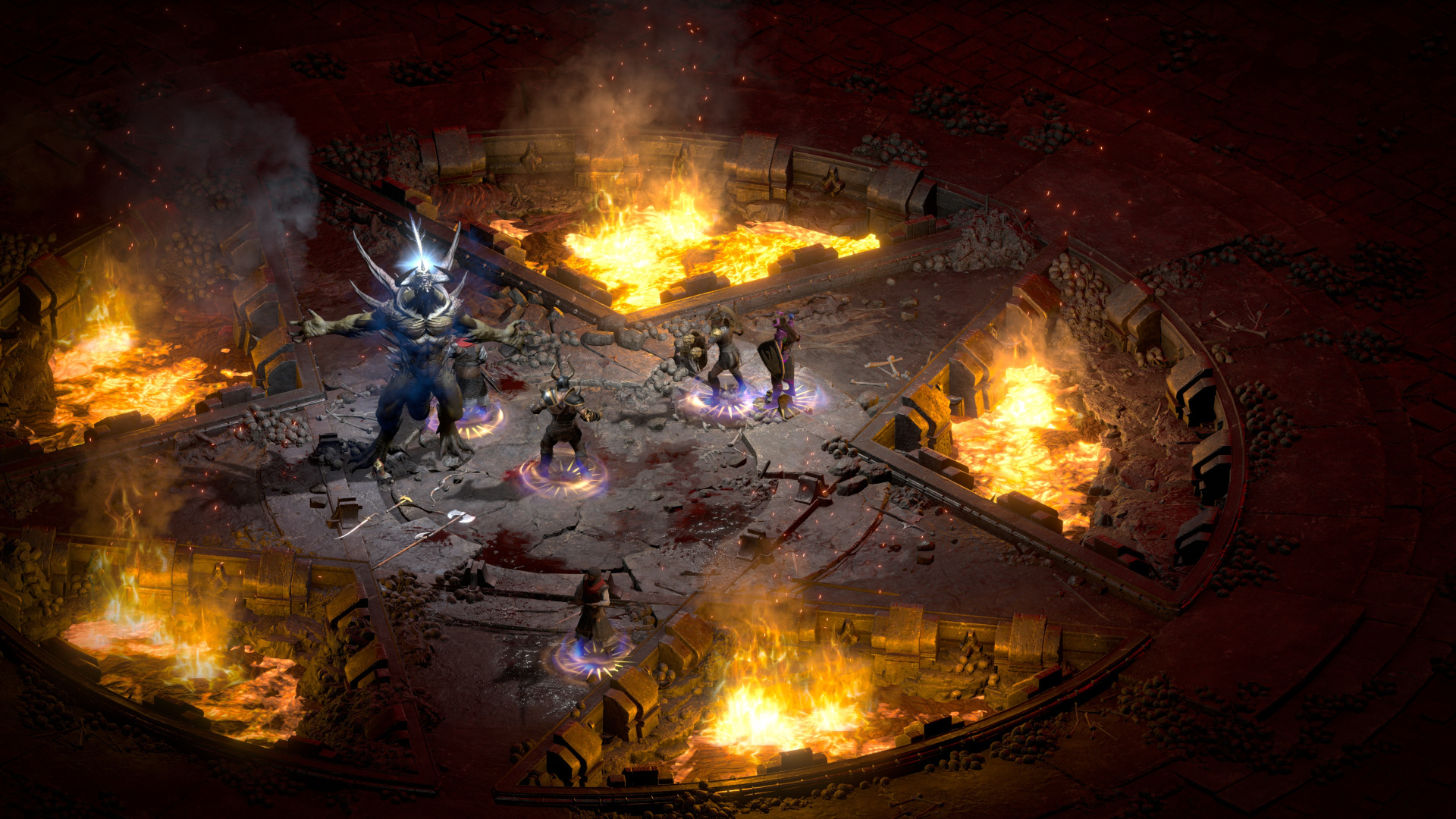 In Diablo 2: Resurrected, a group stands nearby a statue of a figure who has their arms outstretched and wears a glowing crown