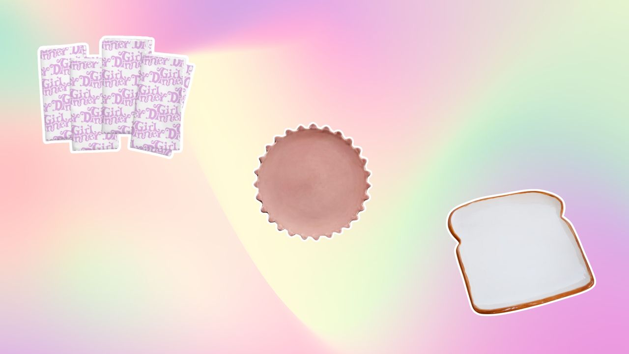 A trio of girl dinner accessories on soft rainbow background