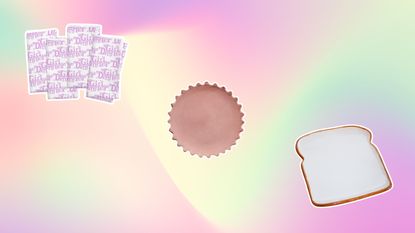 A trio of girl dinner accessories on soft rainbow background