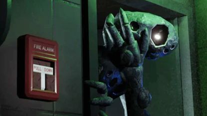An alien peeks round a door in a promotional image for Doors on Roblox.