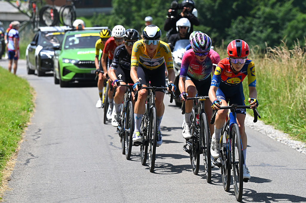 KUSNACHT, SWITZERLAND - JUNE 15: Niamh Fisher-Black of New Zealand and Team Lidl - Trek leads the breakaway climbing to the Michaelskreuzstrasse (774m) during the 5th Tour de Suisse Women 2025, Stage 4 a 129.4km at stage from Kusnacht to Kusnacht / #UCIWWT / on June 15, 2025 in Kusnacht, Switzerland. (Photo by Tim de Waele/Getty Images)