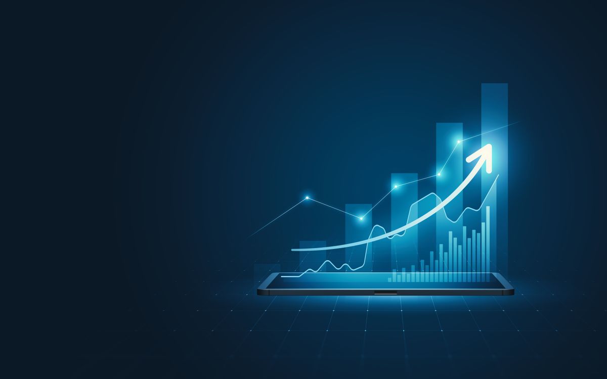 IT spending concept art showing 3d tablet and virtual growth arrow on digital technology strategy background