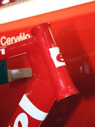 The T1 track frame has a heavily bolstered straight 1 1/8" head tube.