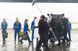 Hilary Swank, as astronaut Emma Green, films a scene for the new Netflix series "Away" at Ellington Airport in Houston.