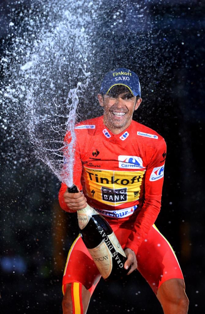 Alberto Contador (Tinkoff-Saxo) gets into it as he sprays the Cava