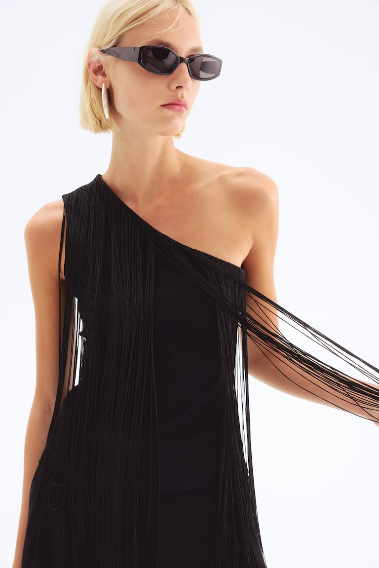 Fringe-Trimmed One-Shoulder Top