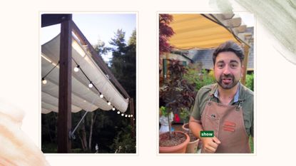 composite of a wooden pergola with retractable shade and screenshot of Ish's reel with pergola