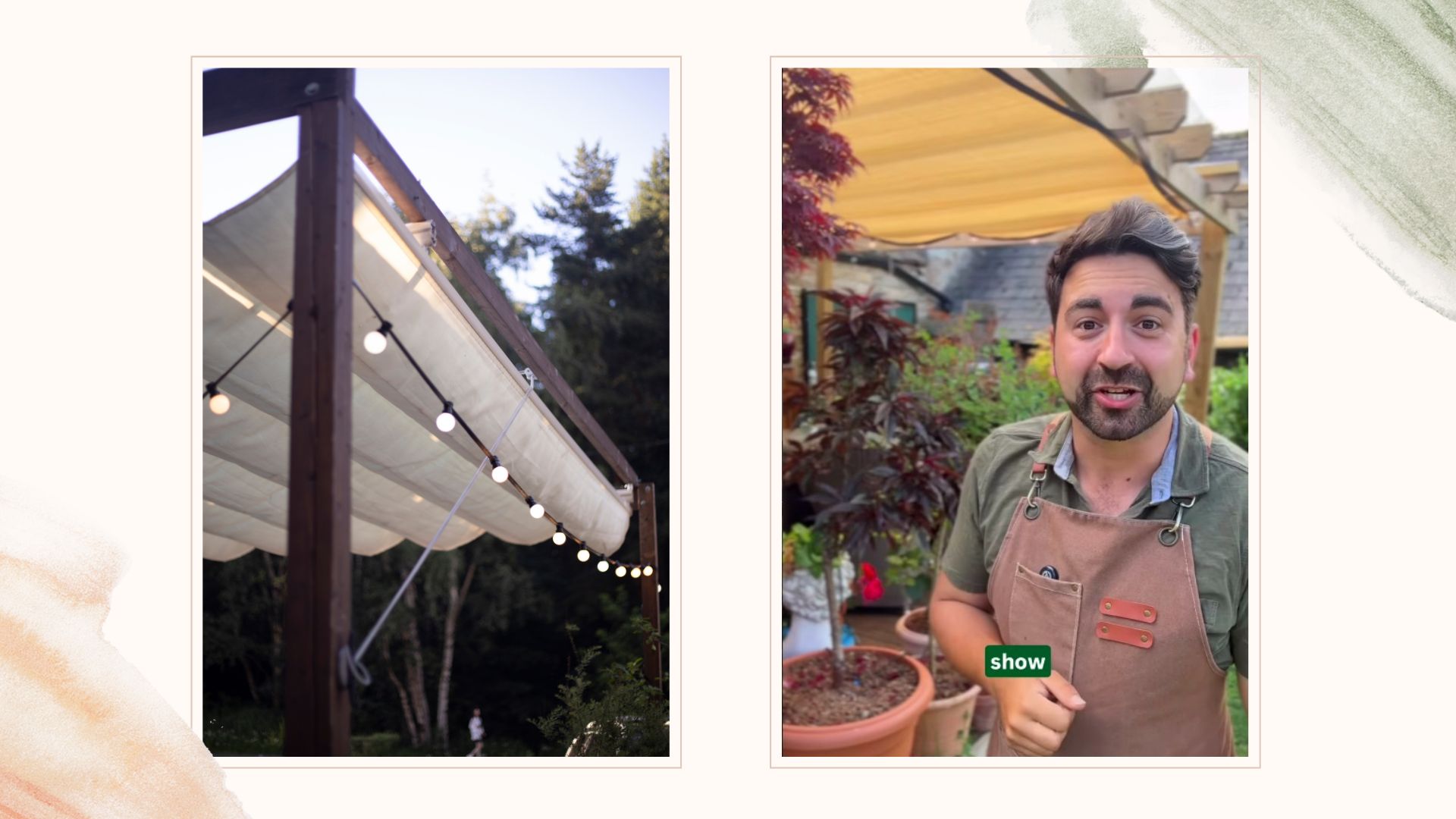 composite of a wooden pergola with retractable shade and screenshot of Ish's reel with pergola