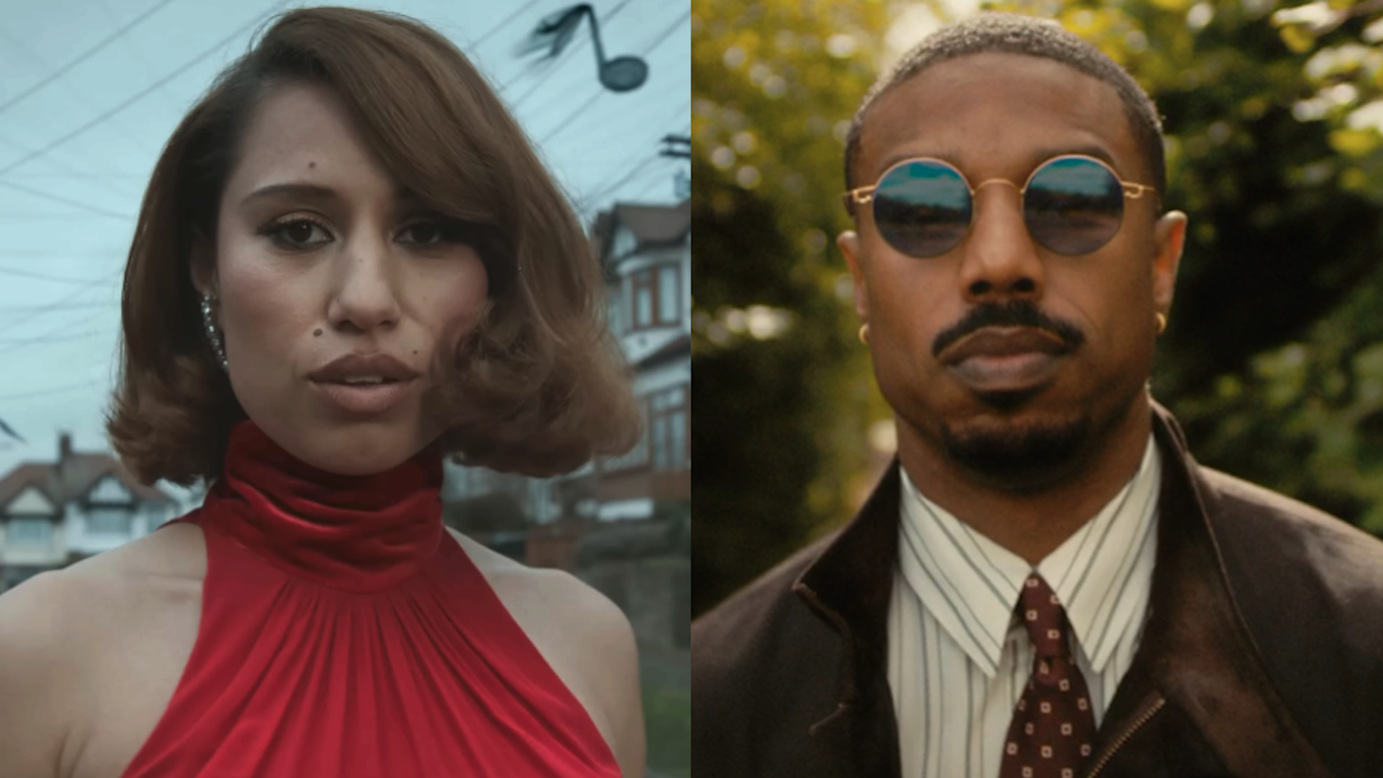 Raye in Click Clack Symphony music video and Michael B. Jordan in The Thomas Crown Affair