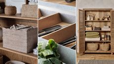 A woven storage basket filled with blankets on a wooden shelf / Cork drawer organizers for cutlery / A large wooden storage cabinet with folded linens and woven baskets on the shelves. 