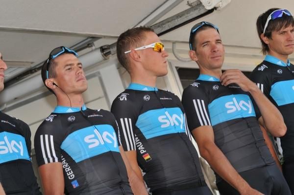 Team Sky's Simon Gerrans, Serge Pauwels and Dario David Cioni (l-r)