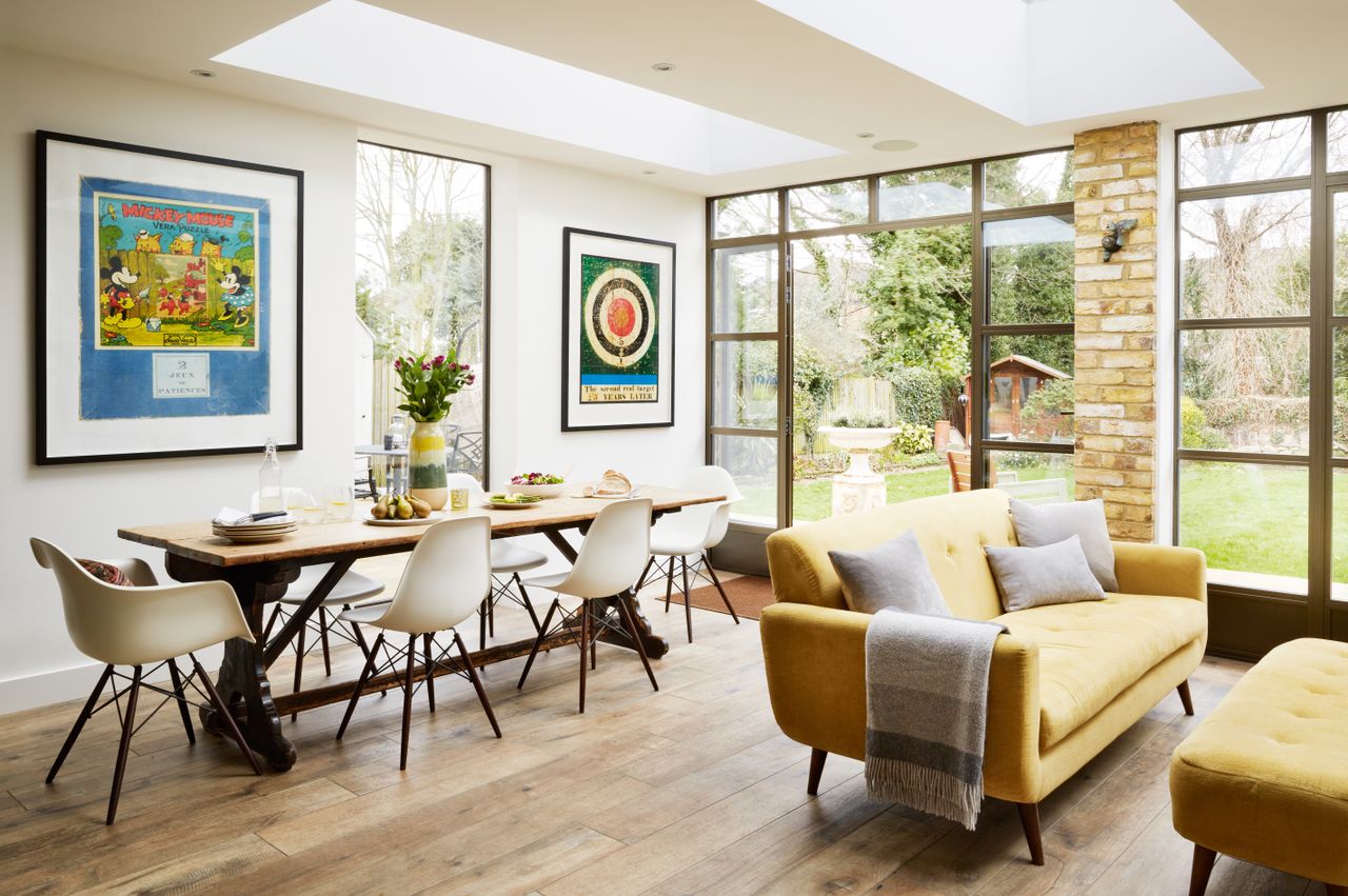 Metal framed doors and windows in an open plan kitchen 