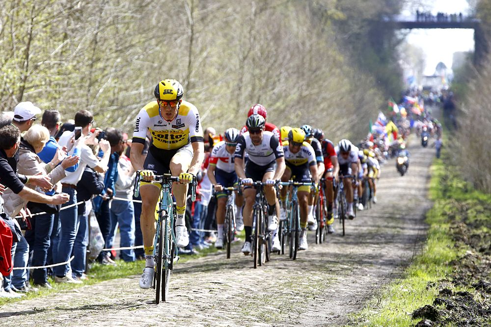 Sep Vanmarcke (LottoNL-Jumbo) attacks on the cobbles at Paris-Roubaix