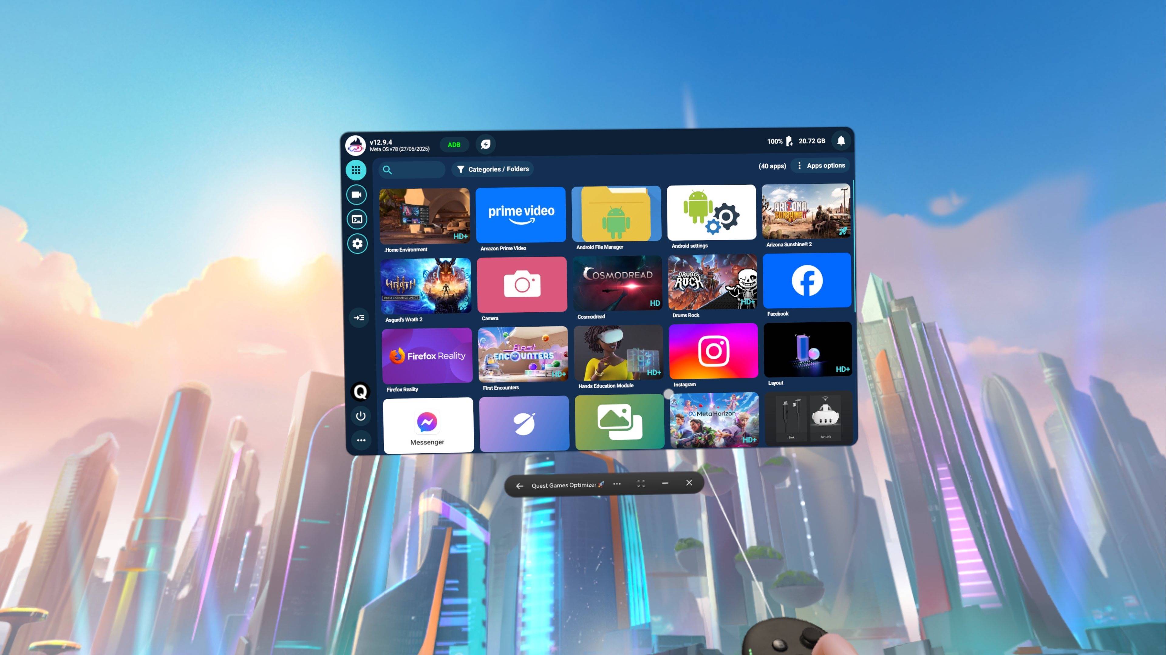 Quest Game Optimizer app shown on Meta Quest 3 headset in VR