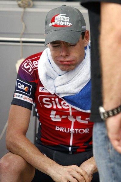 A disappointed Cadel Evans ponders the outcome of today's time trial.
