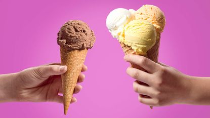 Comparing two ice cream cones: One with one scoop and one with three.