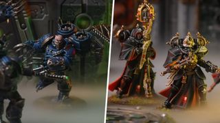 A Murderwing warrior with long metal claws and two Adepta Sororitas warriors with holy relics from the Kill Team: Shadowhunt box, divided by a white line