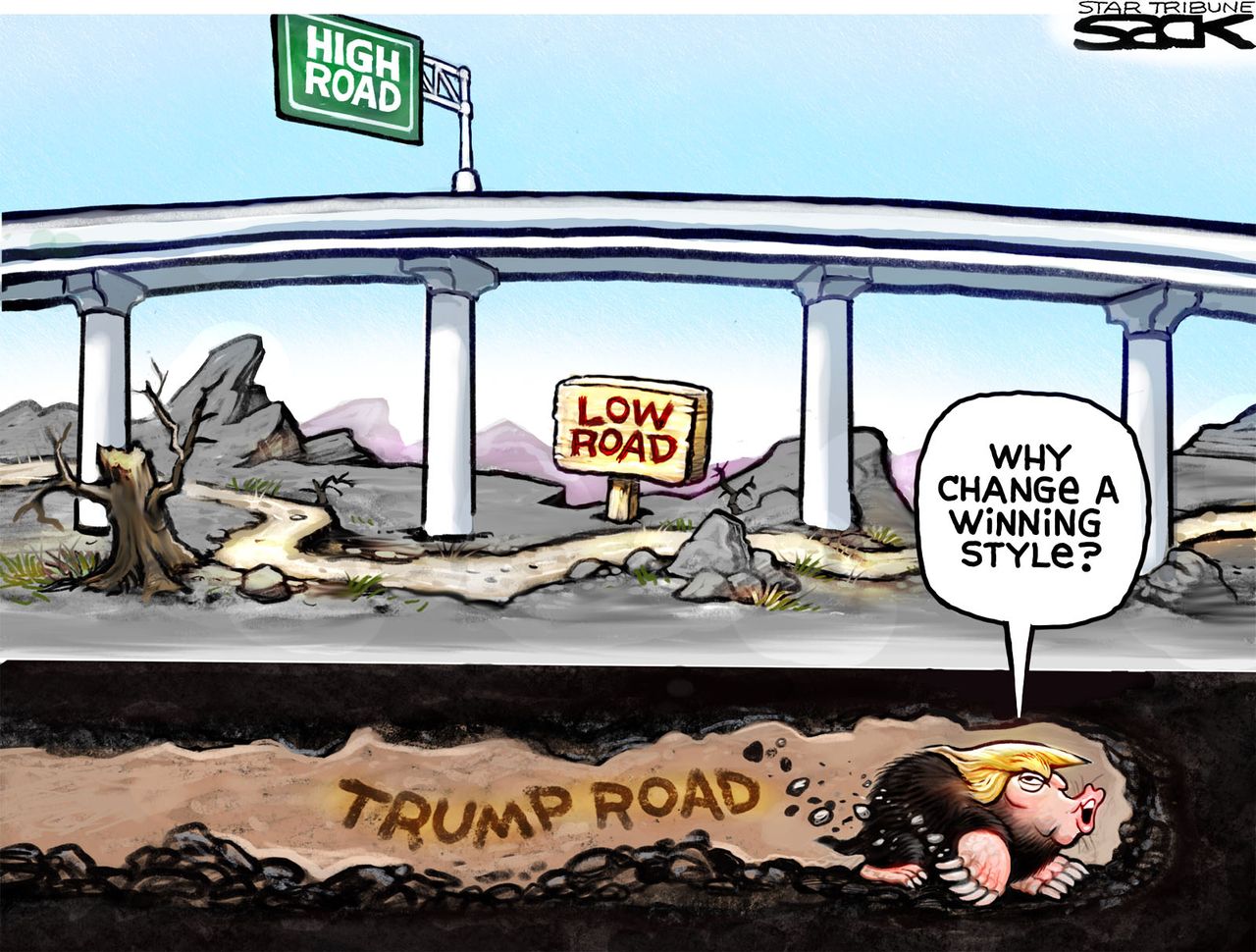 Political Cartoon U.S. Trump&amp;#039;s Road 2016