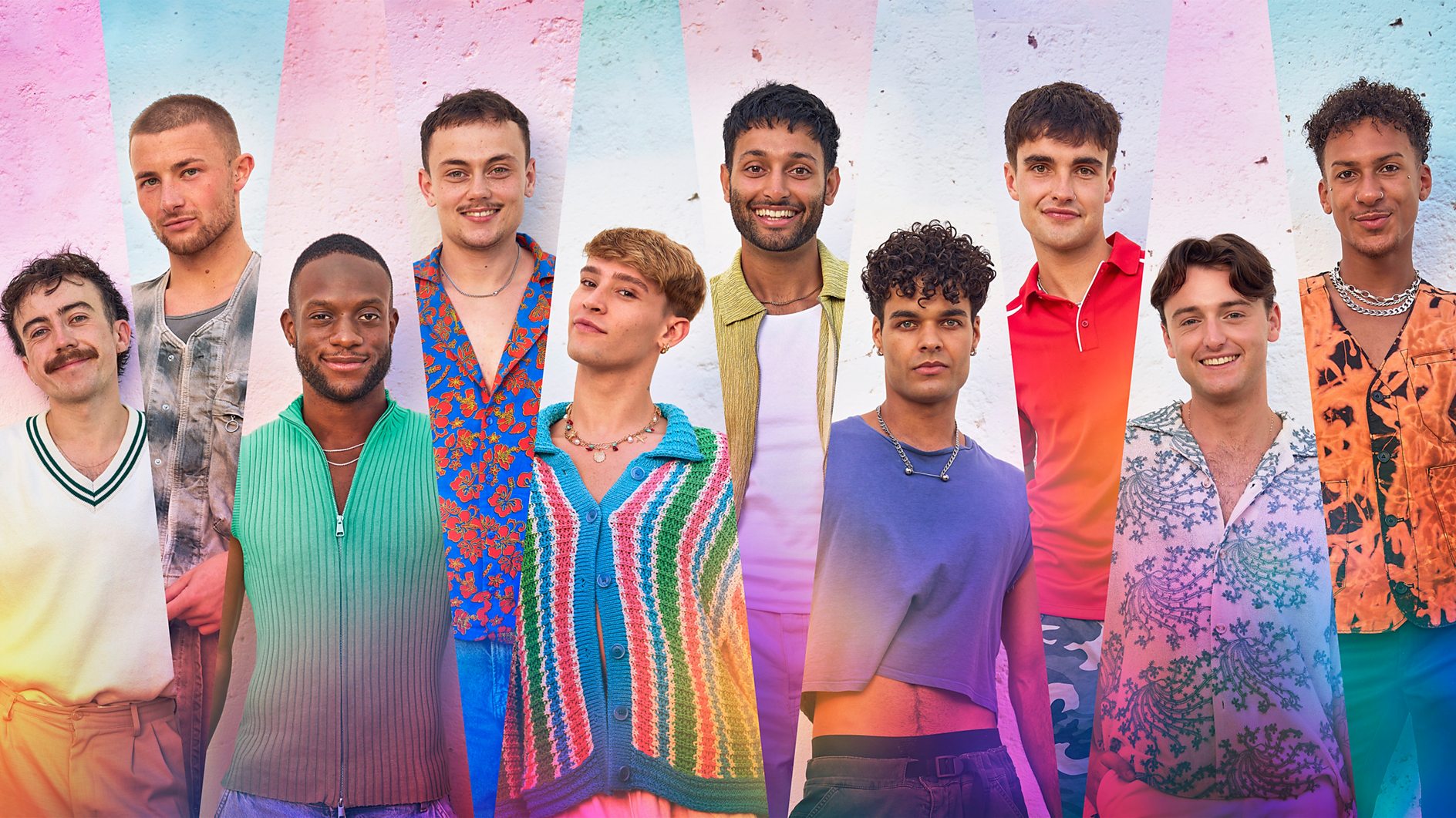 I Kissed a Boy season 2 participants pictures in colorful, rainbow-esque shirts
