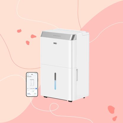 dreo 512s dehumidifier on a pink graphic background