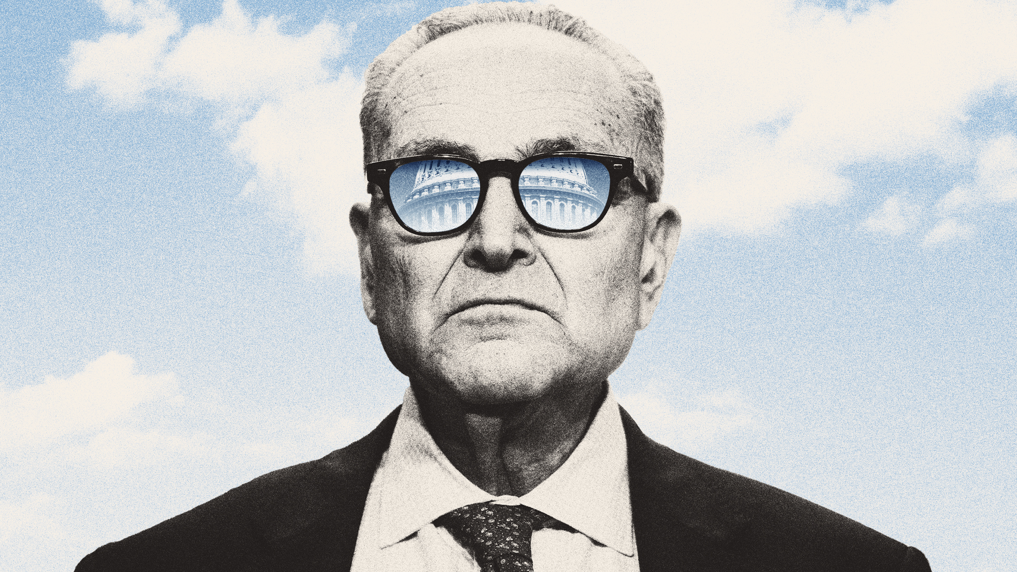 Illustration of Chuck Schumer with the Capitol dome reflected in his glasses