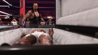 The Undertaker looking at a casket in WWE 2K24