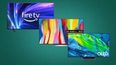 Amazon Fire TV, LG OLED and Samsung OLED TV on a green background