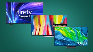 Memorial Day TV sales: Amazon Fire TV, LG OLED and Samsung OLED TV on a green background